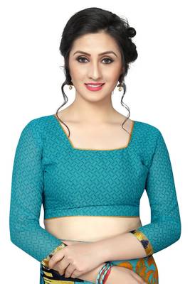 Blue printed georgette saree with blouse 5