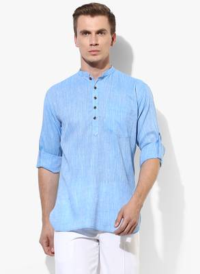Blue Plain Linen Men Kurtas 1