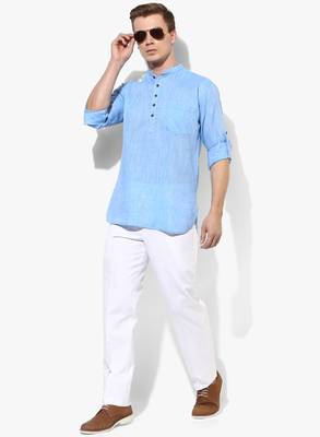 Blue Plain Linen Men Kurtas 2
