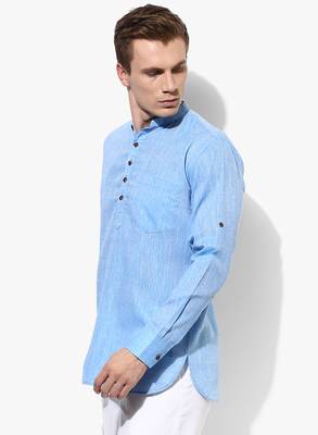 Blue Plain Linen Men Kurtas 3
