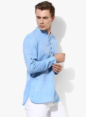 Blue Plain Linen Men Kurtas 4