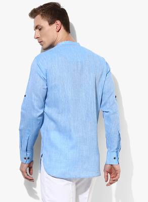 Blue Plain Linen Men Kurtas 5