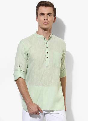 Green Plain Linen Men Kurtas 1