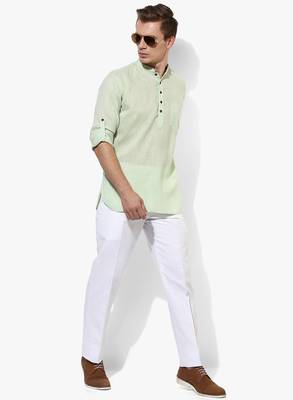 Green Plain Linen Men Kurtas 2