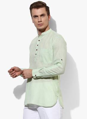 Green Plain Linen Men Kurtas 3