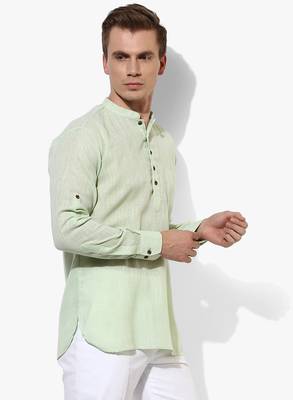 Green Plain Linen Men Kurtas 4