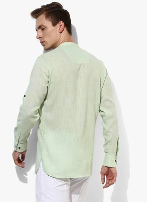 Green Plain Linen Men Kurtas 5