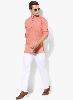 Orange Plain Linen Men Kurtas 2
