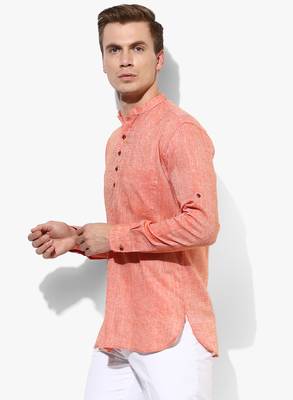 Orange Plain Linen Men Kurtas 3