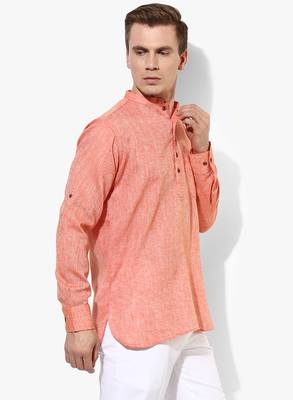 Orange Plain Linen Men Kurtas 4