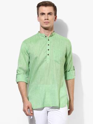 Green Plain Linen Men Kurtas 1