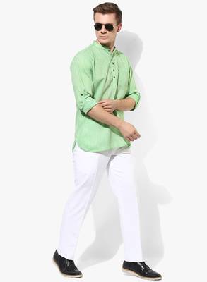 Green Plain Linen Men Kurtas 2