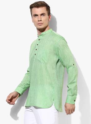 Green Plain Linen Men Kurtas 3