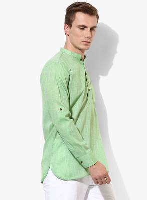 Green Plain Linen Men Kurtas 4