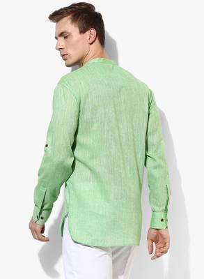 Green Plain Linen Men Kurtas 5