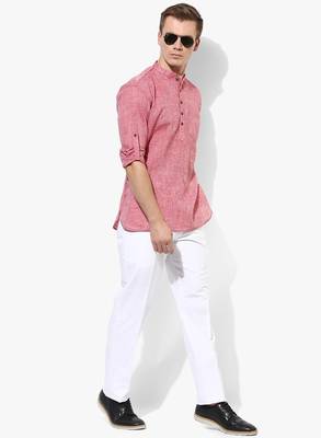 Red Plain Linen Men Kurtas 2