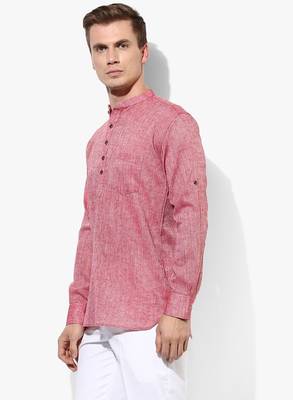 Red Plain Linen Men Kurtas 3
