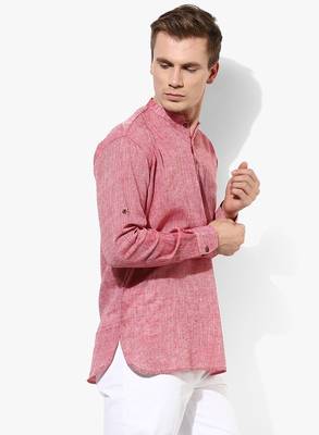 Red Plain Linen Men Kurtas 4