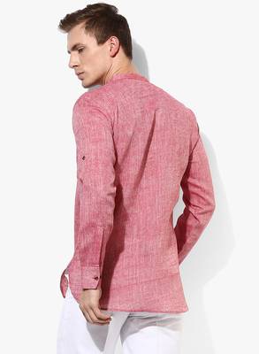 Red Plain Linen Men Kurtas 5