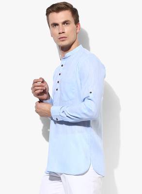 Blue Plain Linen Men Kurtas 3