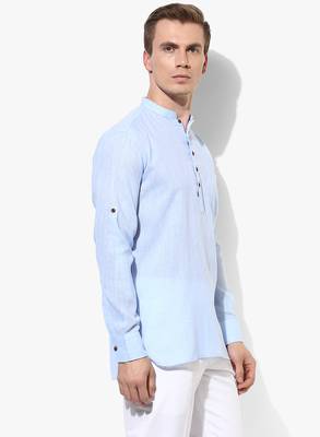 Blue Plain Linen Men Kurtas 4