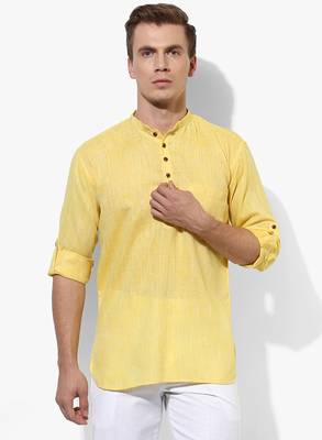 Yellow Plain Linen Men Kurtas 1