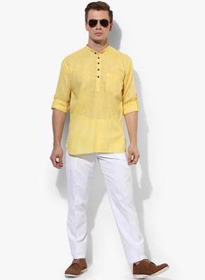 Yellow Plain Linen Men Kurtas 2