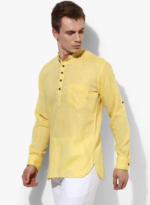 Yellow Plain Linen Men Kurtas 3