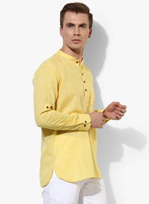 Yellow Plain Linen Men Kurtas 4