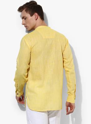 Yellow Plain Linen Men Kurtas 5