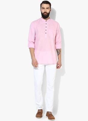 Pink Plain Linen Men Kurtas 2