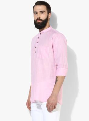 Pink Plain Linen Men Kurtas 3