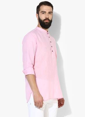 Pink Plain Linen Men Kurtas 4