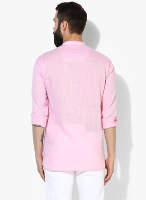 Pink Plain Linen Men Kurtas 5