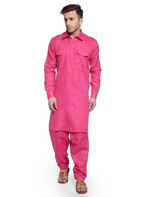 Pink Plain Cotton Pathani Suits 1