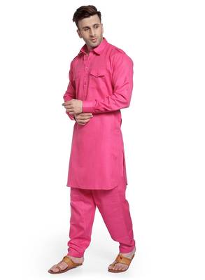 Pink Plain Cotton Pathani Suits 2