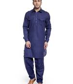 Blue Plain Cotton Pathani Suits