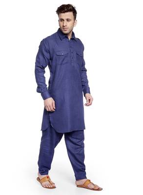 Blue Plain Cotton Pathani Suits 2