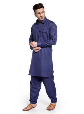 Blue Plain Cotton Pathani Suits 3