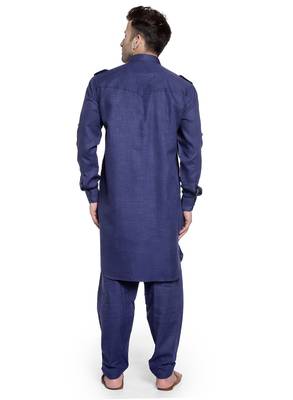 Blue Plain Cotton Pathani Suits 4
