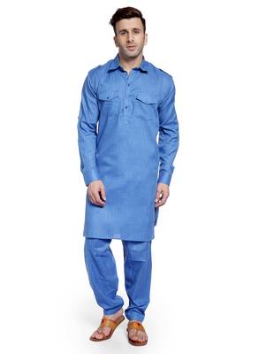 Blue Plain Cotton Pathani Suits 1