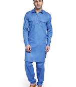 Blue Plain Cotton Pathani Suits