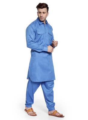 Blue Plain Cotton Pathani Suits 2