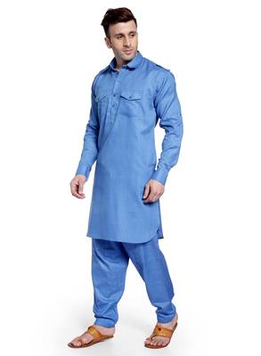 Blue Plain Cotton Pathani Suits 3