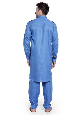 Blue Plain Cotton Pathani Suits 4