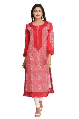 Red Embroidered Cotton Chikankari Kurti  1