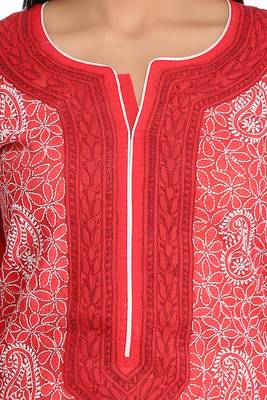 Red Embroidered Cotton Chikankari Kurti  3