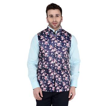Blue Printed Faux Rayon Nehru Jacket 1