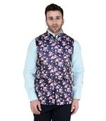 Blue Printed Faux Rayon Nehru Jacket