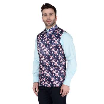 Blue Printed Faux Rayon Nehru Jacket 2